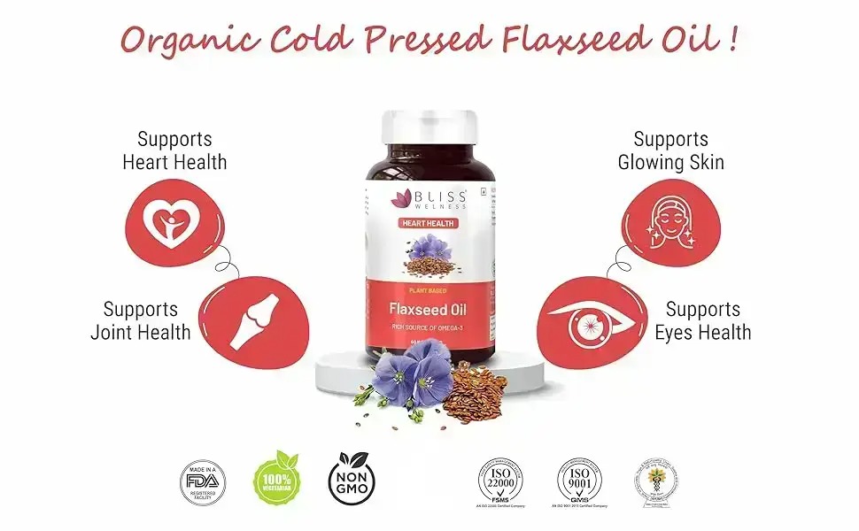 Bliss Welness Organic Flaxseed Oil 2000mg | Extra Virgin Cold Pressed Omega 3 6 9 Oil | Hair Skin Heart Brain Eye Skin Joint Immune Health Supplement - 60 Softgel Capsules, 70 grams