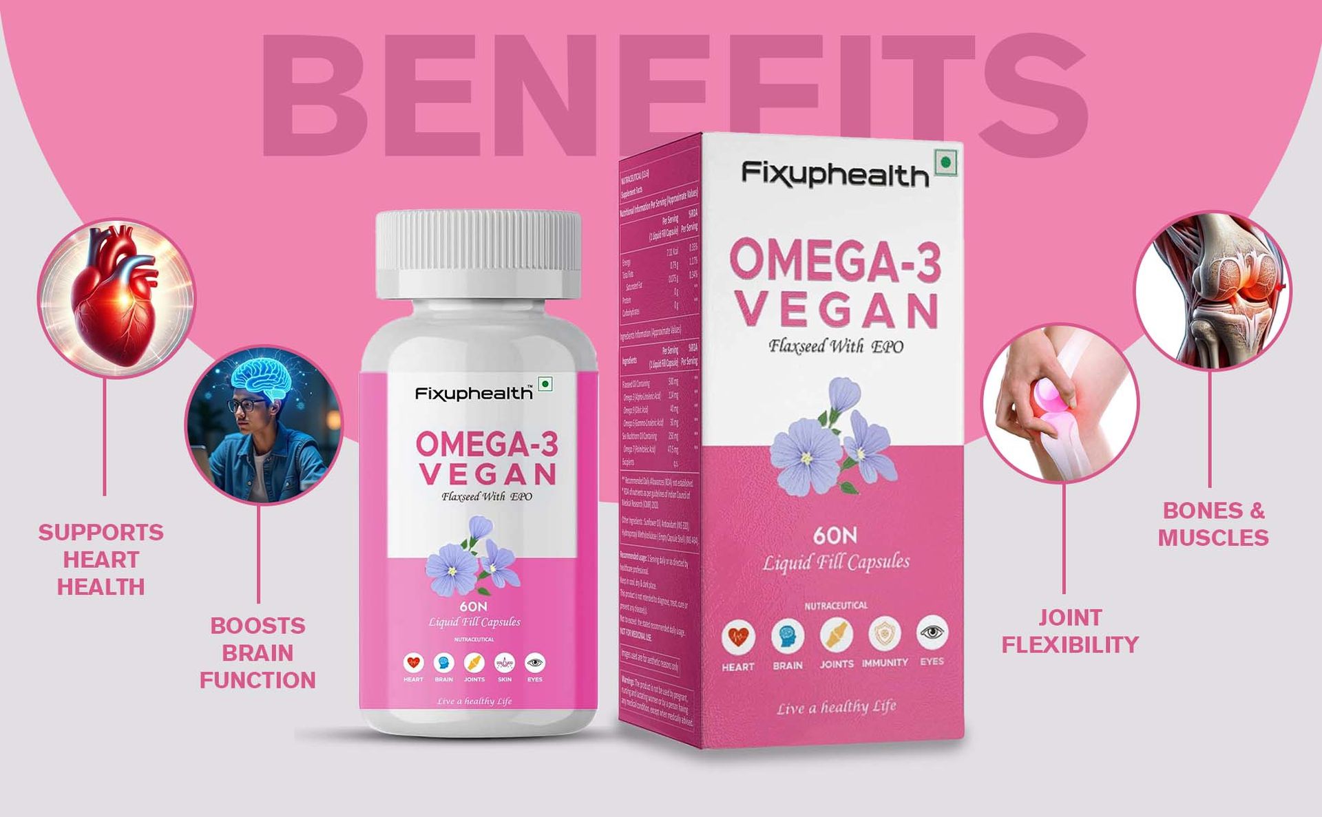 Fixuphealth Flaxseed Oil Omega 3 Vegetarian Capsules with Evening Primrose Oil | Vegan Omega 3 Supplement for Hair, Skin, Heart, Brain, Joint & Bone Health | 60 Liquid Filled Veg Capsules