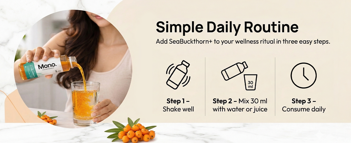 Mono Sea buckthorn Juice 300ml | India's 1st Himalayan, 100% Pure Cold-Pressed SeaBuckthorn Berry Pulp Concentrate | Support Immunity, Acne, Skin Glow & Gut Health | 50 Glasses Vit C & Omega 3 6 7 9 Antioxidants.