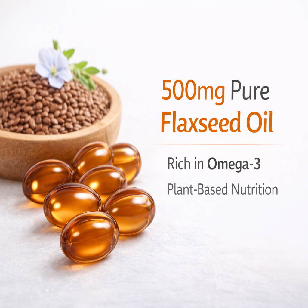 Flaxseed Oil 500mg – 90 Softgel Capsules | Omega-3 Rich Supplement for Heart, Joint & Skin Health | Cold Pressed, Plant-Based Source