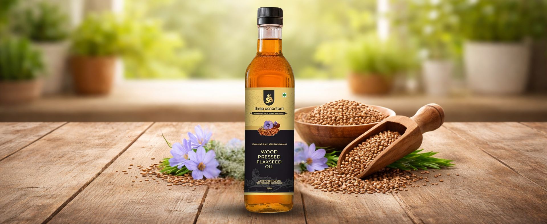 Shree Aanantam 100% Pure Organic Cold Pressed Flax Seed Oil-1 Liter,High in Omega 3-6-9