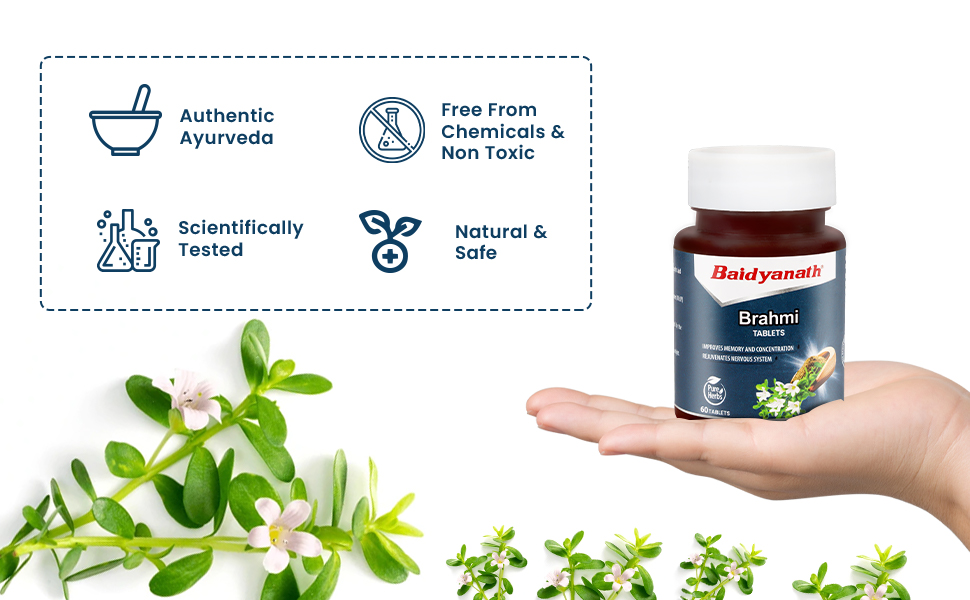 Baidyanath Ayurved Brahmi Tablets - 60 Tab | Helps To Handle Life’s Daily Stress | Promotes Mind Relaxation| (Pack of 1)