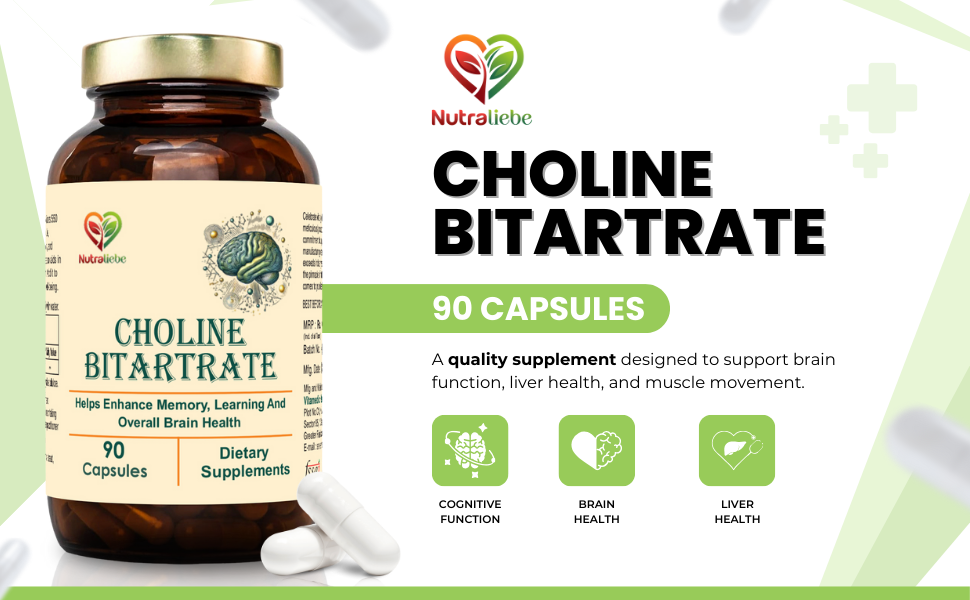 Choline Bitartrate 550mg – 90 Capsules | Dietary Supplement for Daily Use | Non-GMO & Gluten-Free