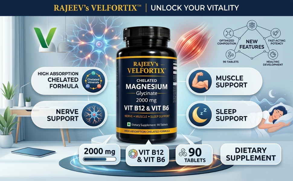 Rajeev’s Velfortix Chelated Magnesium Glycinate 2000 mg with Vitamin B12 & B6 | High Absorption Formula | Nerve, Muscle & Sleep Support | 90 Tablets
