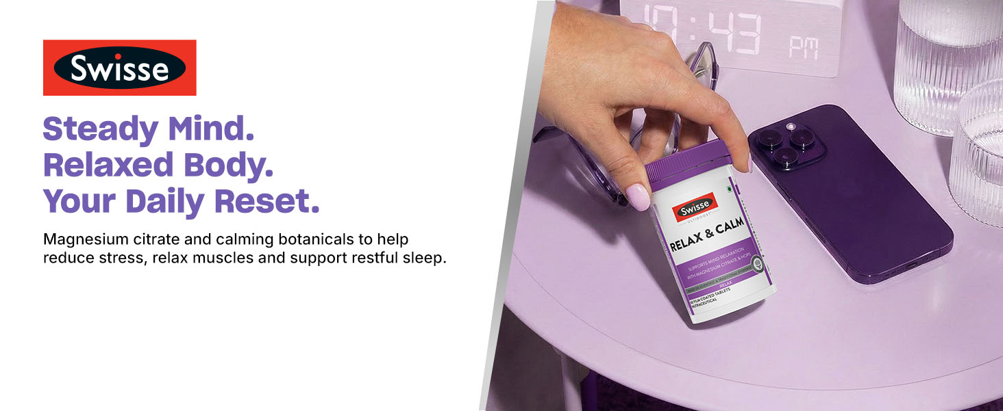 Swisse Relax & Calm - 300mg Magnesium Citrate with Hops & Inositol - Helps Muscle Recovery, Supports Mind Relaxation & Healthy Sleep Cycles | Non-Drowsy Everyday Formula (60 Tablets)