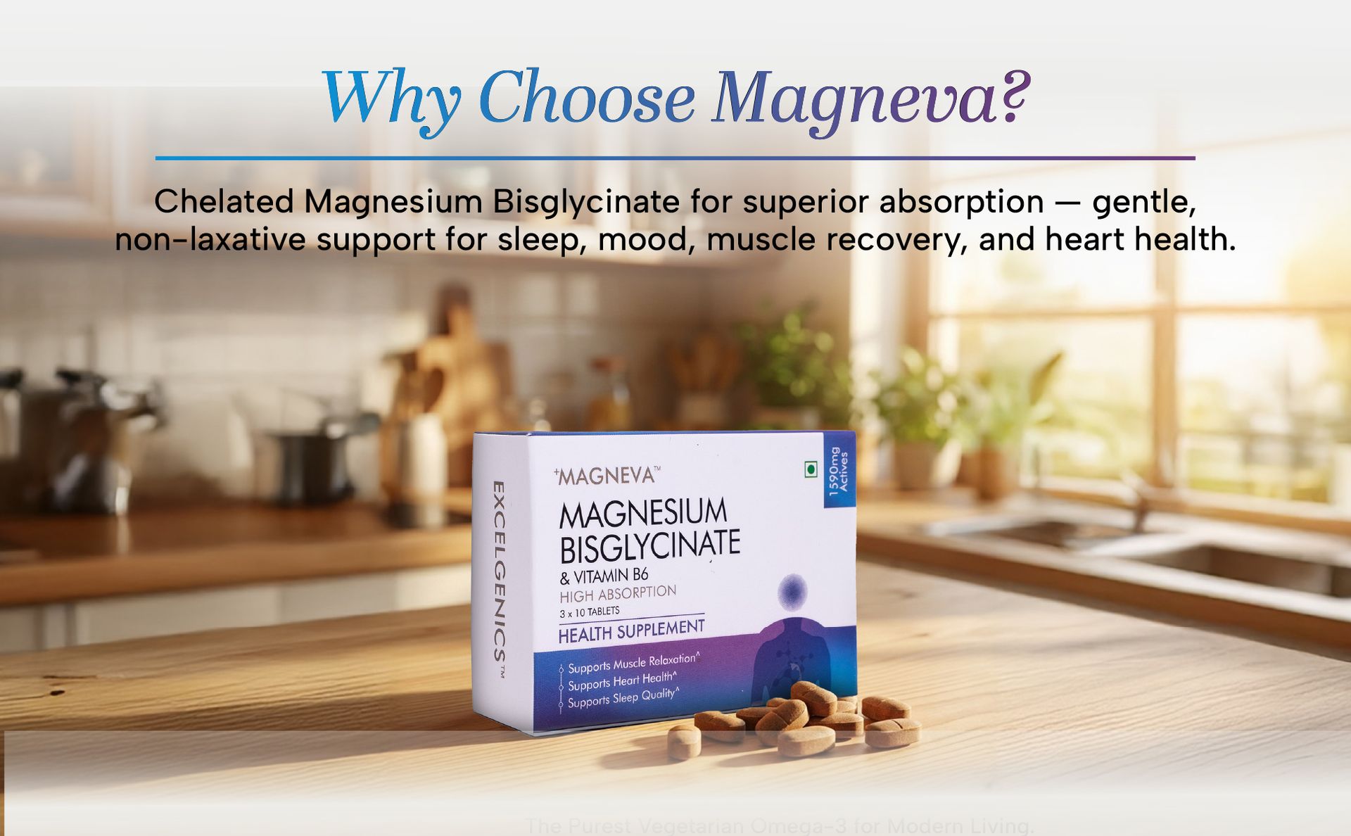 Magneva Magnesium Bisglycinate | 30 tablets | 350 mg Elemental Magnesium + Vitamin B6 | High Absorption Chelated Formula for Muscle & Bone Health | Non-GMO | Excelgenics