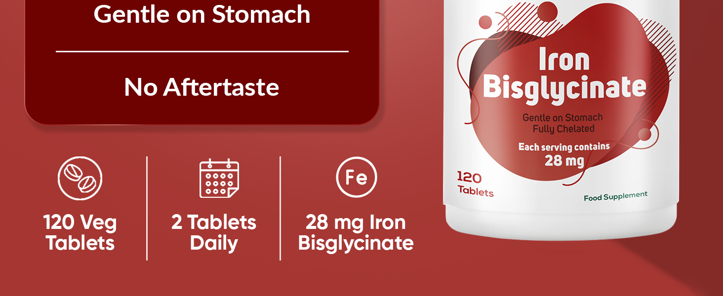 Ambrosial Iron Bisglycinate 28mg High Strength Tablets | High Absorption Iron Supplement for Tiredness and Fatigue for Women and Men | Pack of 1-120 Veg Tablets