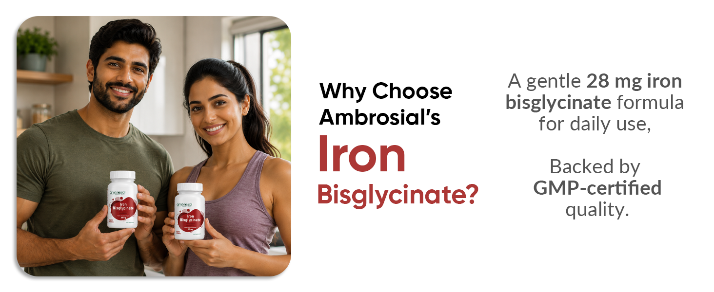 Ambrosial Iron Bisglycinate 28mg High Strength Tablets | High Absorption Iron Supplement for Tiredness and Fatigue for Women and Men | Pack of 1-120 Veg Tablets