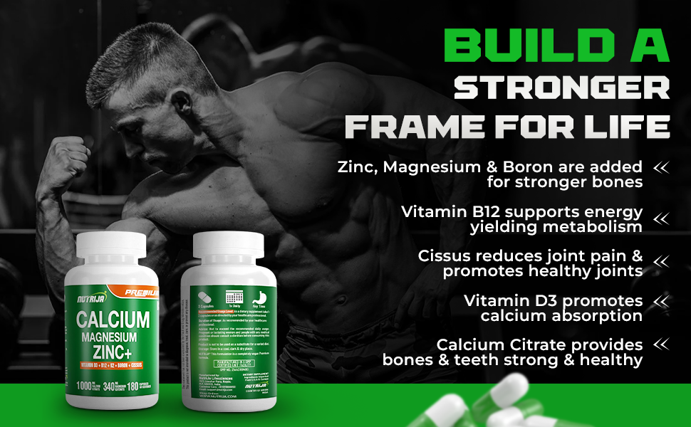 NutriJa Calcium Magnesium Zinc with Vitamin D3, Boron, K2 & B12 | Complete Bone Health & Joint Support Supplement for Men & Women (180 Capsules)
