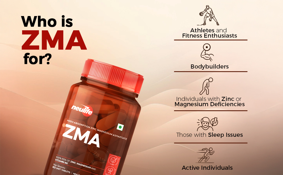 Neulife ZMA-Zinc + Magnesium + B6 for Recovery & all-round Health boost Tablets- (60Tabs)