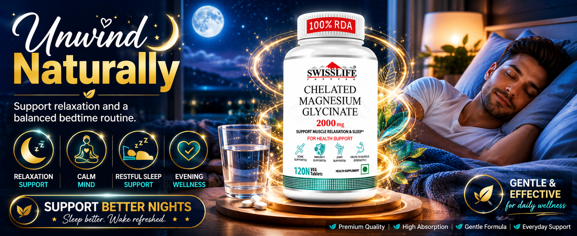 SwissLife Forever Magnesium Glycinate Tablets 120 Veg Tablets | High Absorption Chelated Magnesium | Supports Sleep, Muscle Recovery, Stress Relief and Bone Health | For Men and Women