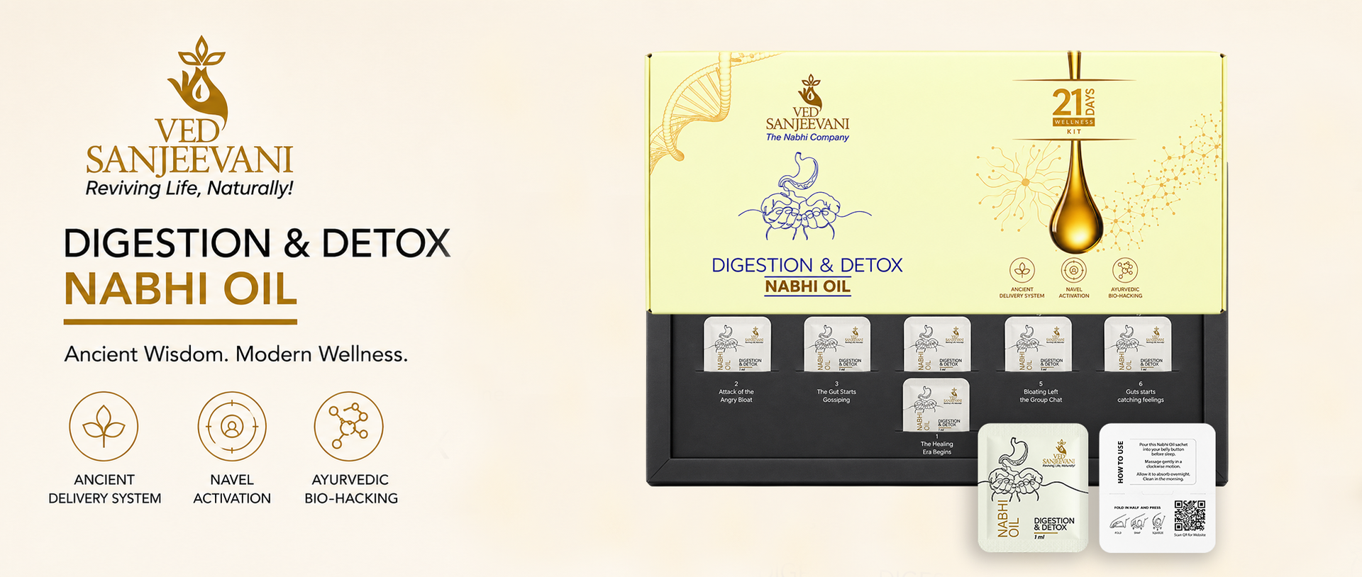 Ved Sanjeevani 21 Days Wellness Kit | Digestion & Detox Nabhi Oil | Ayurvedic Belly Button Oil for Bloating, Gas, Acidity & Gut Health | Inspired by 72,000 Nadi Navel Therapy (21 days sachet)