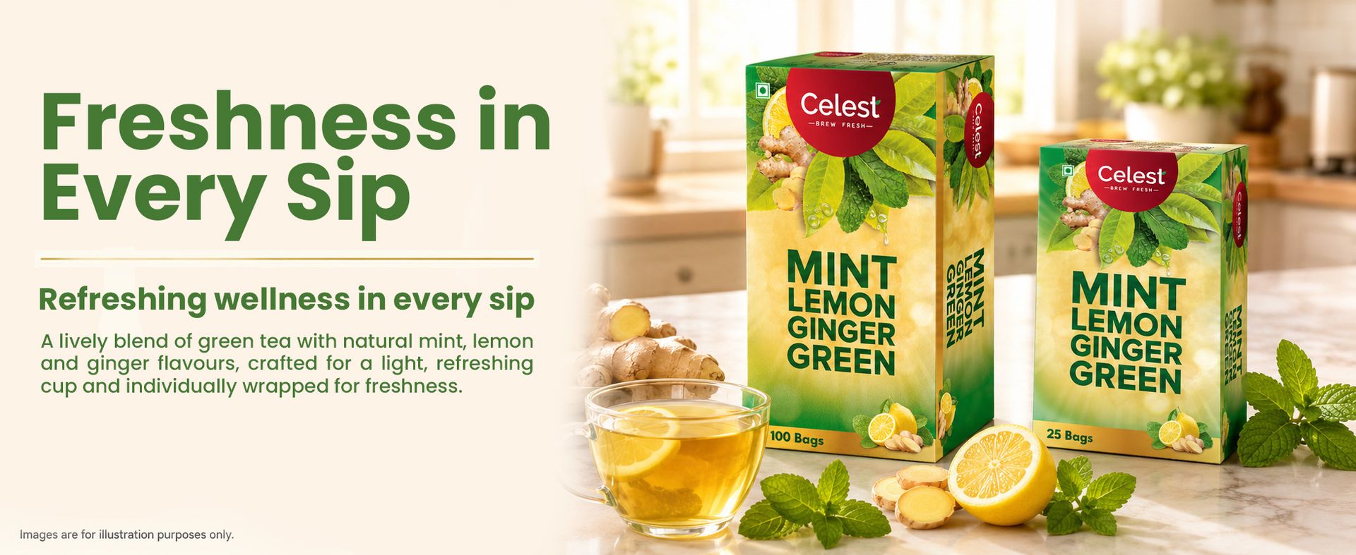 Celest Ginger, Mint & Lemon Green 100 Bags | Ginger, Mint Lemon Green Tea | Pack of 3