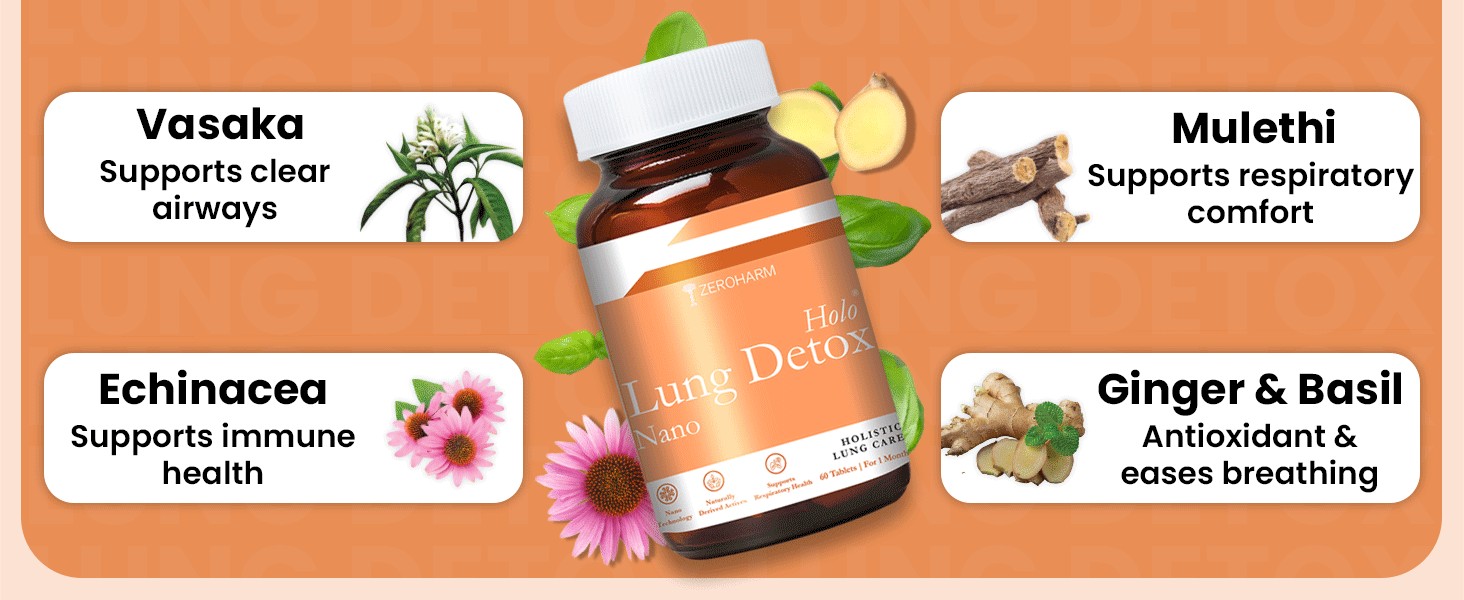 ZEROHARM Holo Lung Detox Tablets for Smokers | Vasaka, Echinacea, Ginger, Basil & Mulethi | Ayurvedic Lung Cleanse for Pollution & Respiratory Health | Nanotechnology for Men & Women | 60 Tablets