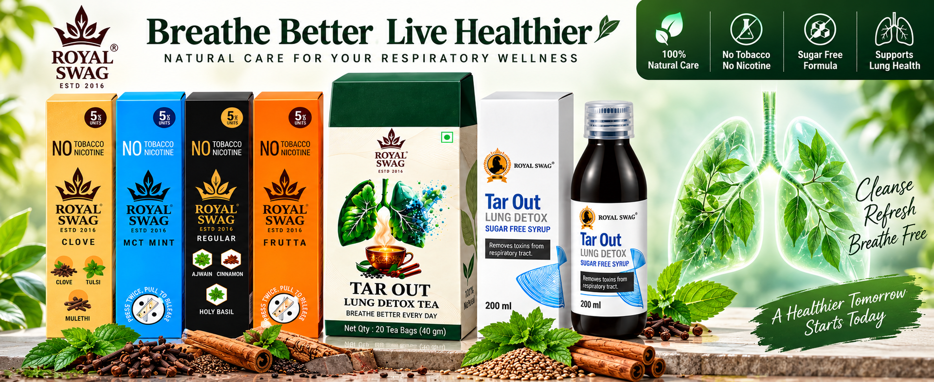 Royal Swag Wellness Kit – 30 Day Detox, Repair & Herbal Replace Program, Lung Detox Tea, Natural Syrup & Tobacco Free Nicotine Free Smoking Sticks