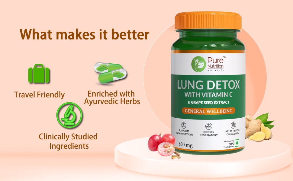 Pure Nutrition Lung Detox Supplement - 120 Veg Capsules (60x2) | Quercetin, Vitamin C, Nettle, Vasaka Leaf, Lotus, Licorice & Ginger | Supports Lung Cleansing, Respiratory Health & Immune Defense | 100% Herbal Formula