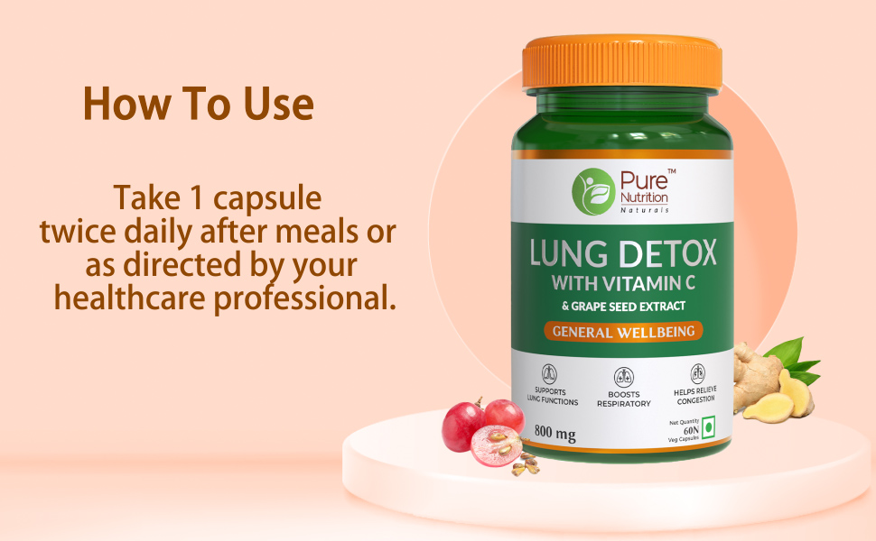 Pure Nutrition Lung Detox Supplement - 120 Veg Capsules (60x2) | Quercetin, Vitamin C, Nettle, Vasaka Leaf, Lotus, Licorice & Ginger | Supports Lung Cleansing, Respiratory Health & Immune Defense | 100% Herbal Formula