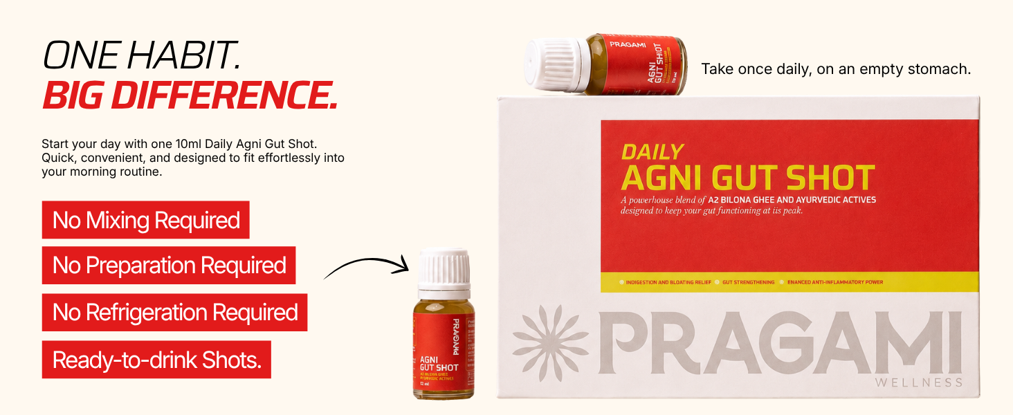 Agni Gut Shots - Daily Gut Detox Drink 15 Shots × 10 ml | A2 Bilona Ghee + Herbal Actives - Supports Gut Health, Reduces Bloating & Acidity | Gut Cleanse & Gut Care Ritual