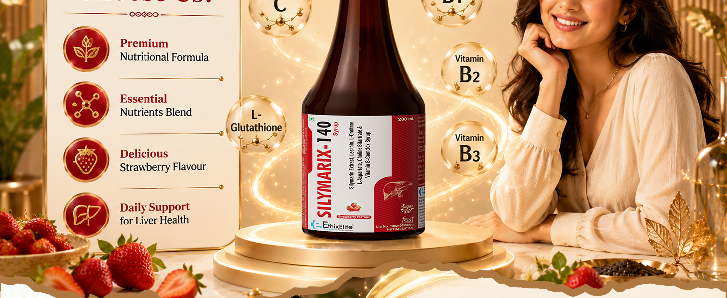 Silymarix-140 Liver Support Syrup | Liver, Stomach & Digestion Wellness Support | Natural Detox & Body Cleanse Supplement | Antioxidant Rich Sugar Free Strawberry Flavour, 200ml