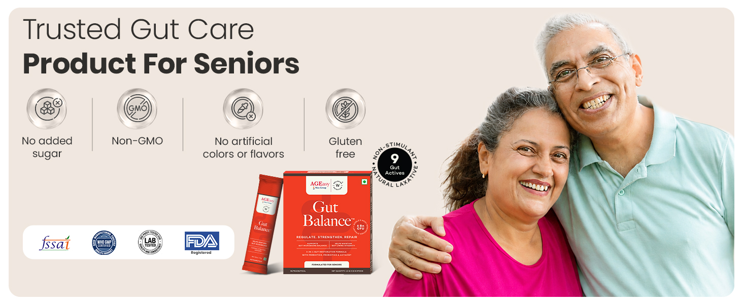 AGEasy x Wellbeing Nutrition Gut Balance for Seniors | Manages Leaky Gut & Microbial Balance | 5X More Probiotic Activity with 6 Billion CFU & Microbac | Fennel Mint Flavour, 15 Sachets (Powder Form)