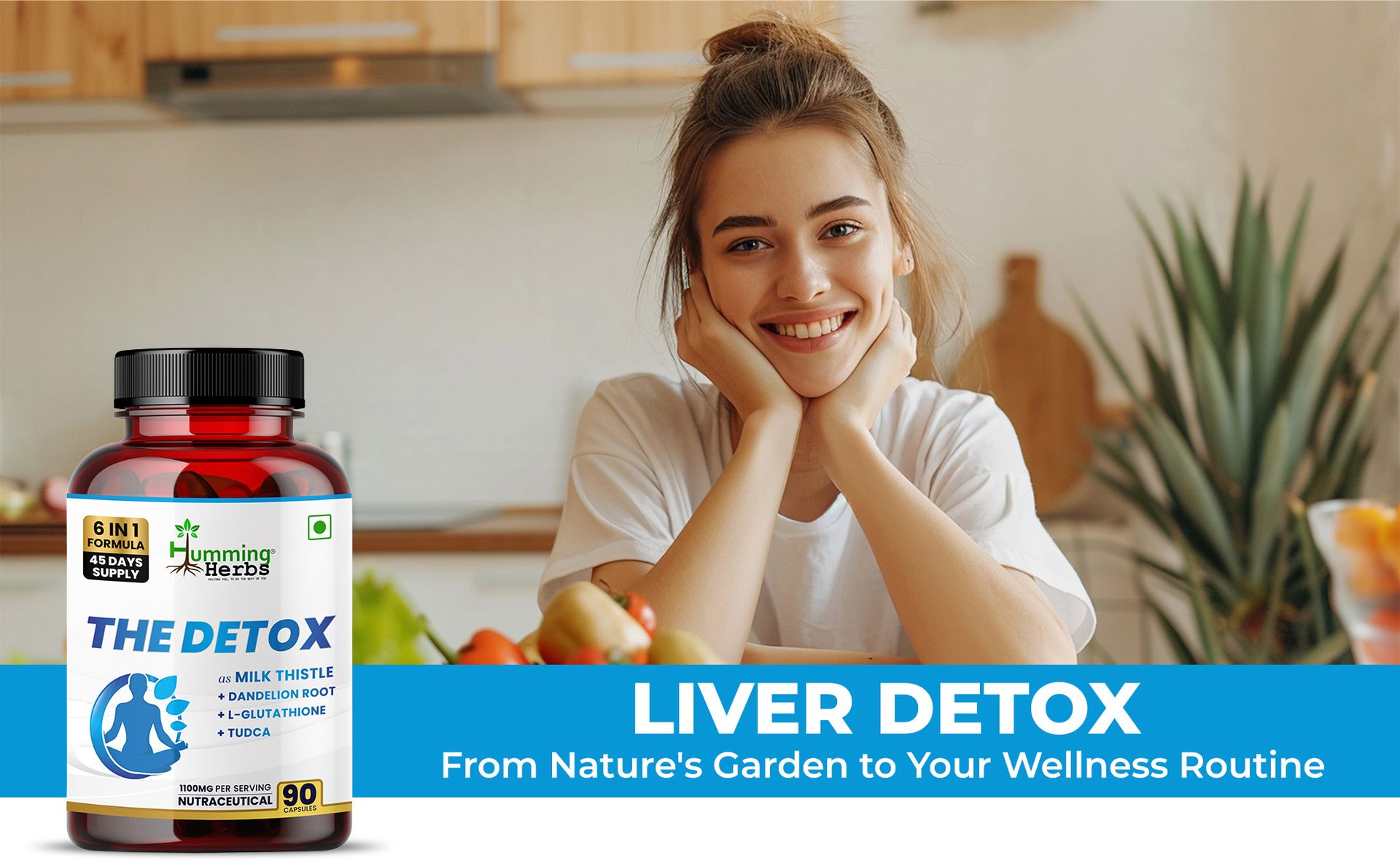 Humming Herbs Liver Detox - Milk Thistle,TUDCA 100mg, Dandelion,Glutathione and Chicory Root Extract - 90 Capsules