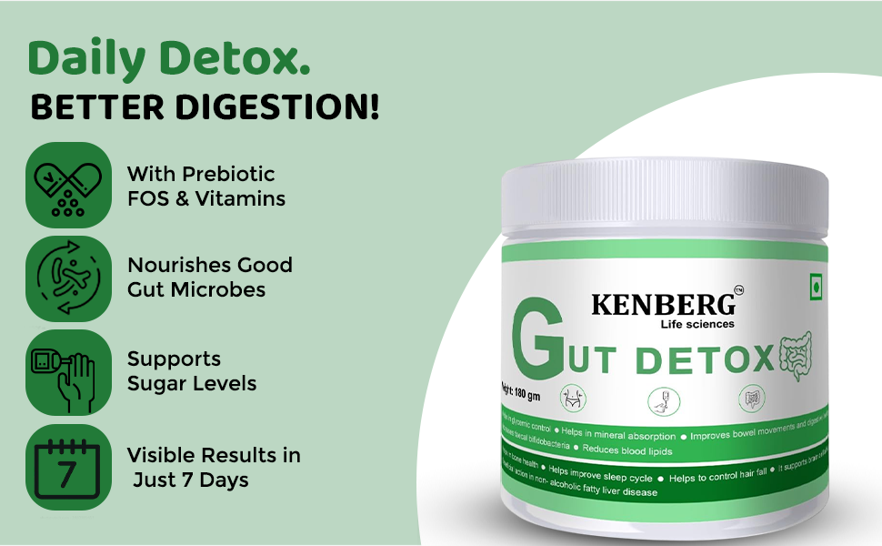 KENBERG Gut Detox Prebiotic Powder, 180g, with FOS and Vitamins for Digestive Health, 15 Servings