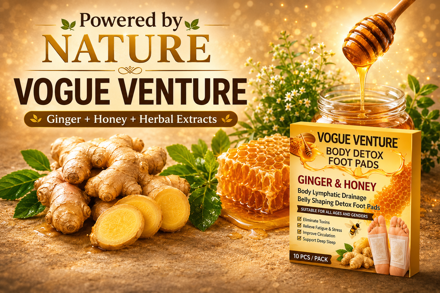 VOGUE VENTURE Ginger Detox Foot Patches – Herbal Lymphatic Drainage Pads for Deep Sleep & Stress Relief | Overnight Foot Patch for Relaxation & Wellness | Natural Detox Foot Pads for Men & Women