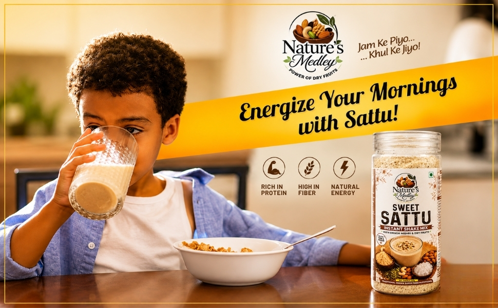 Nature's Medley Kids Sattu Powder with Cocoa Flavour & Dhaga Mishri | Dry Fruits Enriched | Rich in Omega & Protein | No Added Sugar | No Preservatives | Energy Drink for Children | 125g