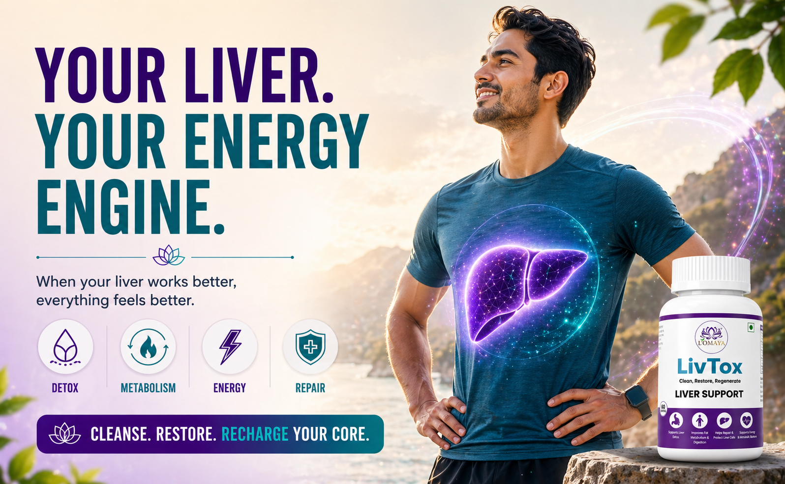 L'Omaya LivTox | Liver Detox Supplement with Milk Thistle, NAC & Kutki | Bhumi Amla, Kalmegh, Patented CurcuBoost® & PiperBoost® | Liver Cleanse, Bile Flow & Fatty Liver Support | 60 Veg Capsules