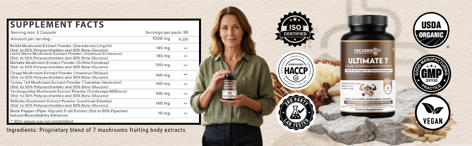Ultimate 7 Mushroom Extract 1000mg – Organic Functional Mushroom Complex – (Reishi, Chaga, Lion’s Mane, Turkey Tail, Cordyceps, Shiitake, Maitake) Capsules 1000 mg | Fruiting Body Extract | 30% Beta Glucan & 50% Polysaccharides | USDA Certified | GMP | 3rd Party Lab Tested |Immune & Daily Wellness Support | 60 Veg Capsules