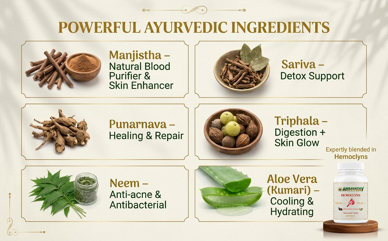 Hemoclyns Ayurvedic Tablets | Herbal Blood Purifier Formula with Neem, Manjistha & Triphala | Supports Skin Clarity & Internal Balance | 60 Tablets