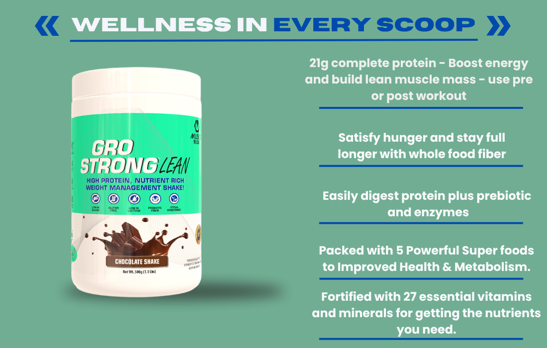 Gro Strong Lean – High Protein Weight Management Meal Replacement Shake– 500g | With 27 Vitamins & Minerals, Superfoods, Prebiotic Fiber | Low Sugar, Gluten Free, Stevia Sweetened(Mango Milk Shake)