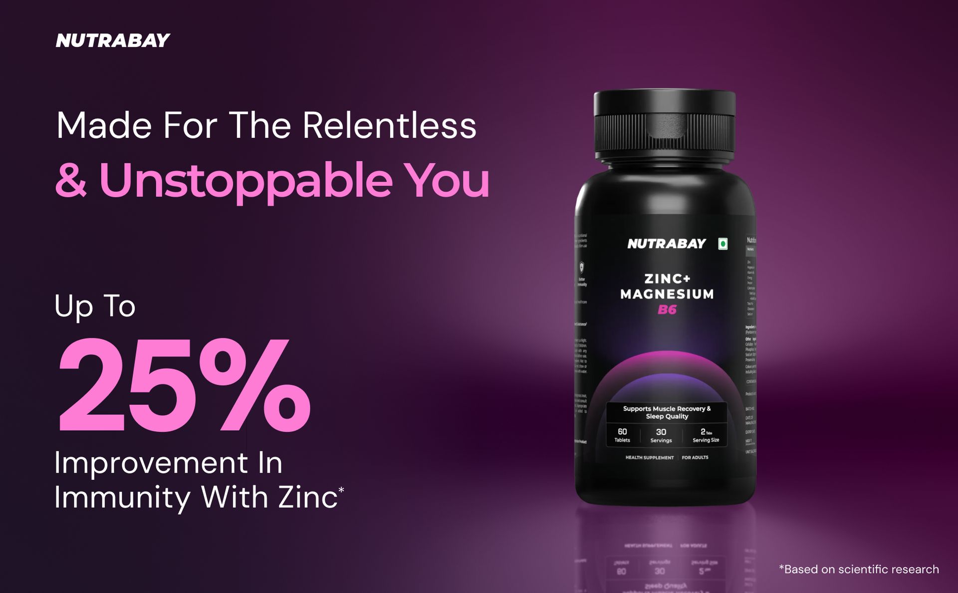 Nutrabay Pro Zinc Magnesium (ZMA) with 100% RDA Zinc, Magnesium Aspartate & Vitamin B6 – Muscle Strength, Recovery, Better Sleep & Anxiety Relief – 60 Veg Tablets | Tested for Purity
