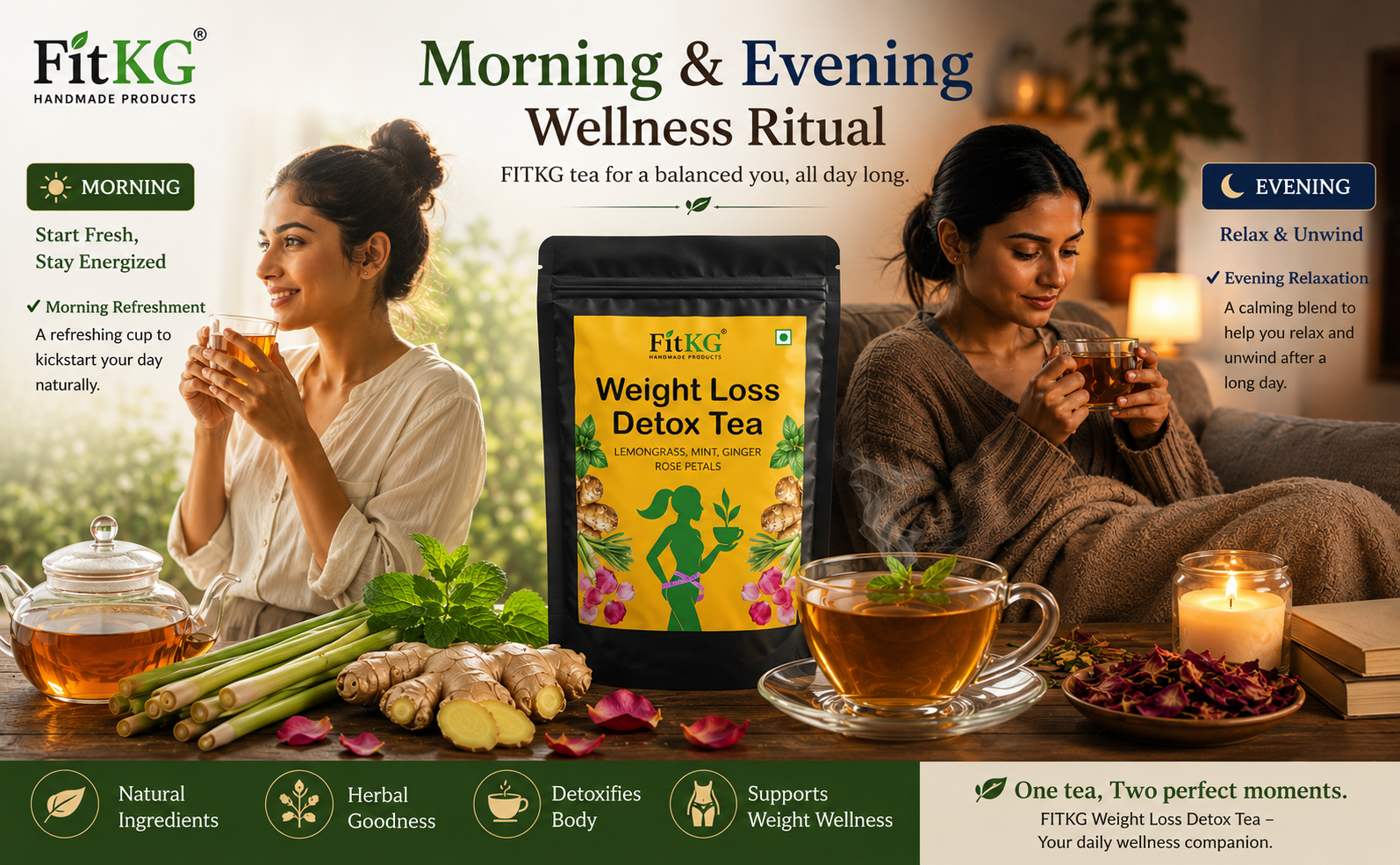 FIT KG HANDMADE PRODUCT Belly Fat Detox Herbal Tea for Weight Management, Natural Blend, 30 Day Detox, for Women and Men