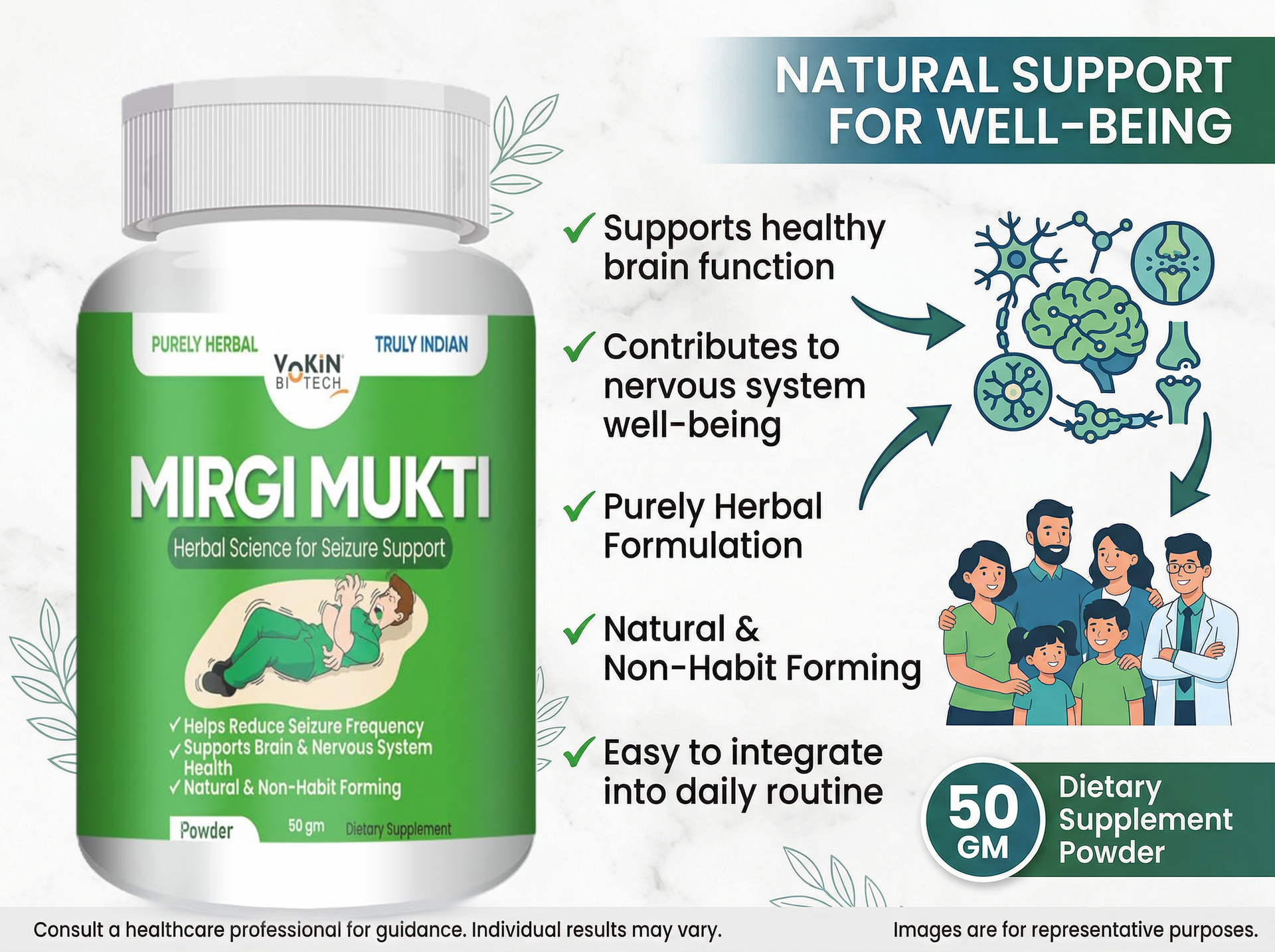 Vokin Biotech Mirgi Mukti Herbal Powder 50 gm | Brain & Nervous System Support Supplement | Purely Herbal Formula | Non-Habit Forming | Powder Form