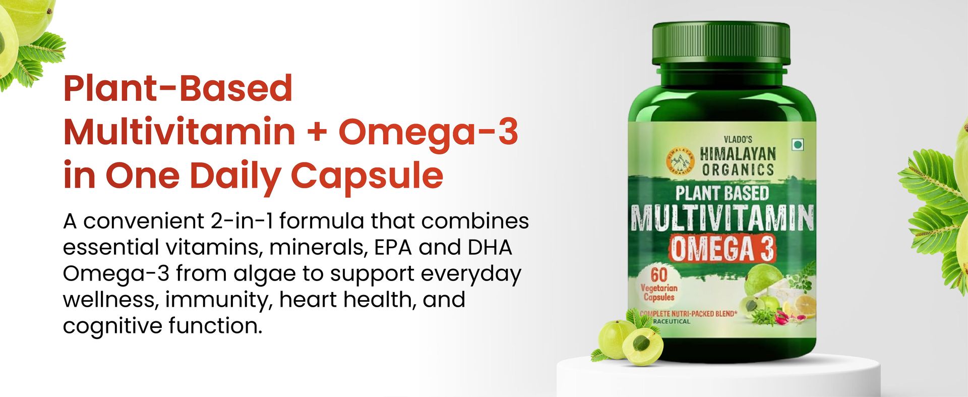 Vlado’s Himalayan Organics Omega-3 Capsules with plant based Multivitamin with Vitamin B1,B2,B3,B5,B6,B7,B9,B12, C, D3, E, K2, Chromium, Magnesium, Zinc, EPA & DHA - 60 veg capsules