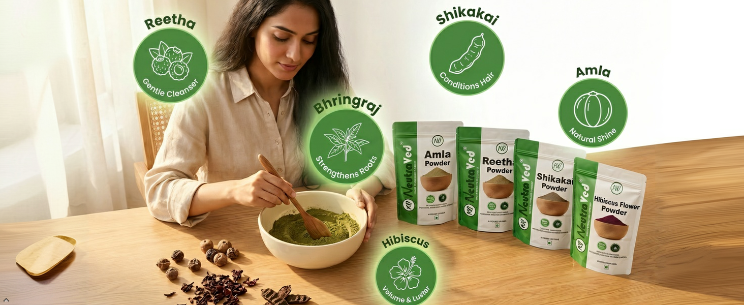NeutraVed Amla Reetha Shikakai, Bhringraj and Hibiscus Powder for Hair |Aritha|Ritha|Soapnuts|Indian Gooseberry |organic Bhringraj |Hibiscus /gudhal /gudhal fool powder(Pack of 5 ,50g each ,Total 250g Pack)