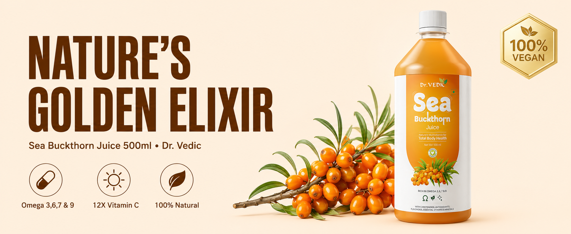 Dr. Vedic Himalayan Sea Buckthorn (Leh Berries) Pulp 500ml | Cold-Pressed Pulp Concentrate | No Added Sugar | Natural Vitamin C & Omega 3-6-7-9 | Supports Immunity, Skin Radiance & Gut Health | Herbal Superfruit Supplement