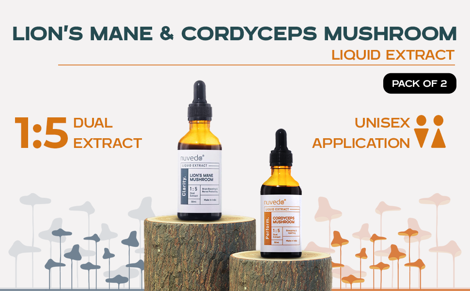 Nuvedo | Lions Mane Mushroom & Cordyceps Liquid Extract Combo | 2 Pack, 50ml Each | Fruiting Body 1:5 Dual Extract | Herbal Supplement | For Focus, Cognitive & Energy Support | As Seen on Shark Tank