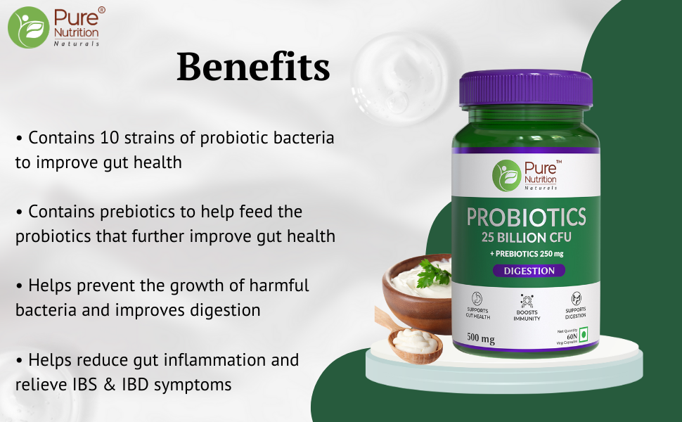 Pure Nutrition Probiotic + Prebiotic, 60 Veg Capsules (500mg) | 25 Billion CFU & 250mg Prebiotics for Men & Women | Improves Gut Health, Helps Digestion, Boosts Immunity & Eases Bloating