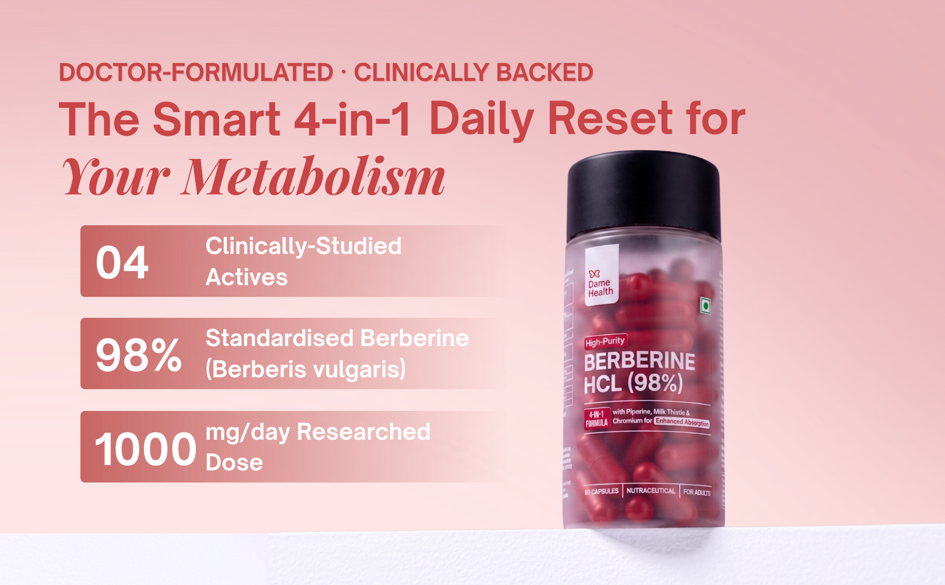 Berberine HCL 500mg | 4-in-1 with Milk Thistle, Chromium & Black Pepper | Supports Healthy Blood Sugar, Insulin Sensitivity & PCOS Metabolism | For Women (Pack of 1)