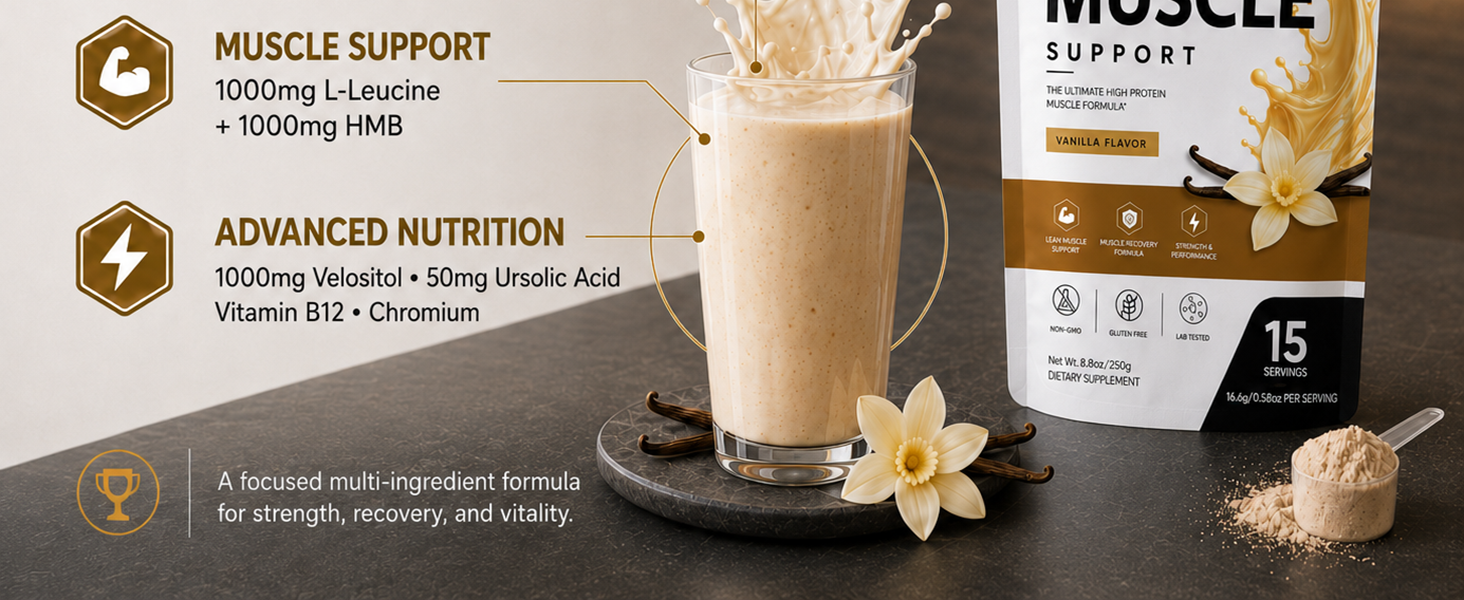 Muscle Support Protein Powder, Vanilla Flavor, High Protein Formula with Whey Protein Hydrolysate, L-Leucine, HMB, B12, Chromium & Rosemary Extract, 8.81 oz 15 Servings