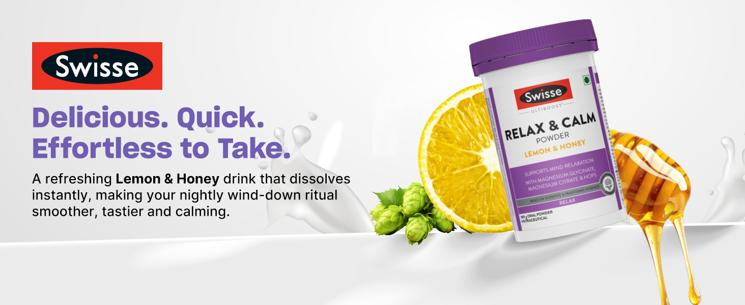 Swisse Relax & Calm Powder – Magnesium Glycinate & Citrate + Hops, Inositol & Choline - Supports Relaxation, Muscle Recovery & Healthy Sleep (Lemon & Honey Flavor, 24 Servings)