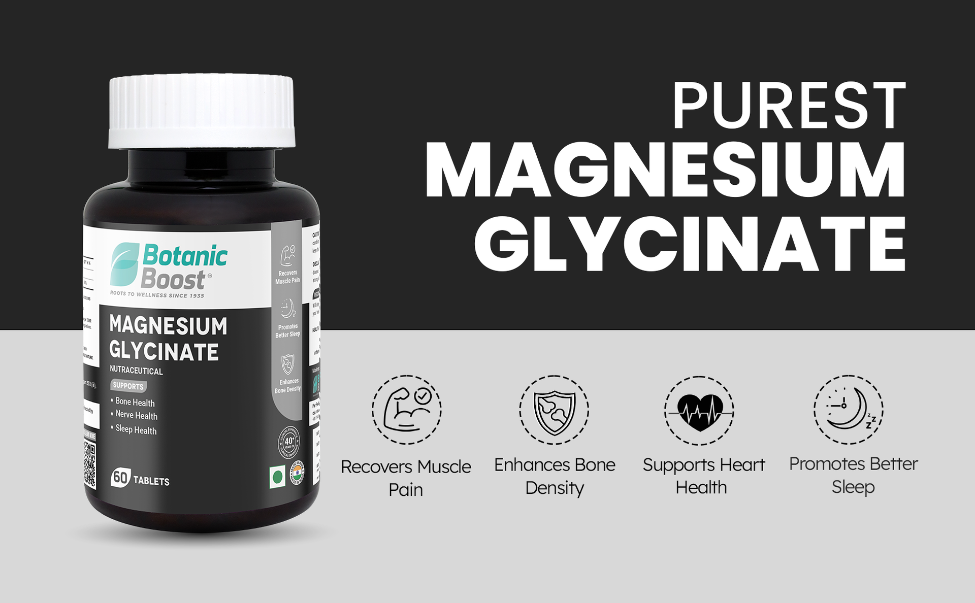 Magnesium Glycinate Tablets 440mg for Adults | Chelated Magnesium Supplement for Muscle Recovery, Bone Strength, Nerve Function, Sleep Support & Relaxation | 60 Tablets