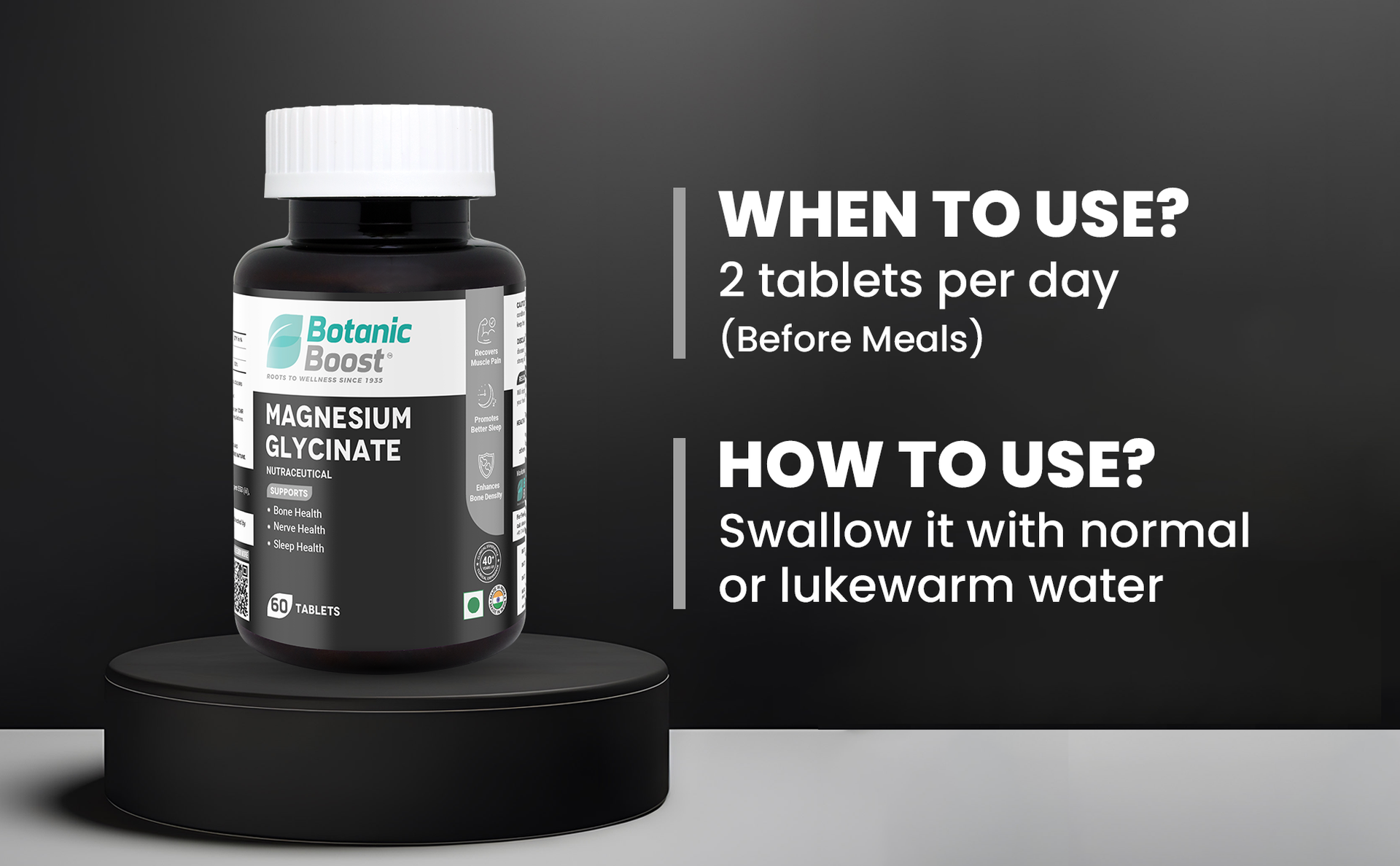 Magnesium Glycinate Tablets 440mg for Adults | Chelated Magnesium Supplement for Muscle Recovery, Bone Strength, Nerve Function, Sleep Support & Relaxation | 60 Tablets