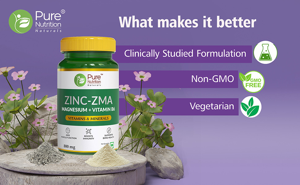 PURE NUTRITION NATURAL TREASURES Zinc ZMA Supplements for Men and Women | Zinc Magnesium Tablets for Muscle Recovery, Bone Support, Stress Relief and to Enhance Sleep Quality (120 Tablets)