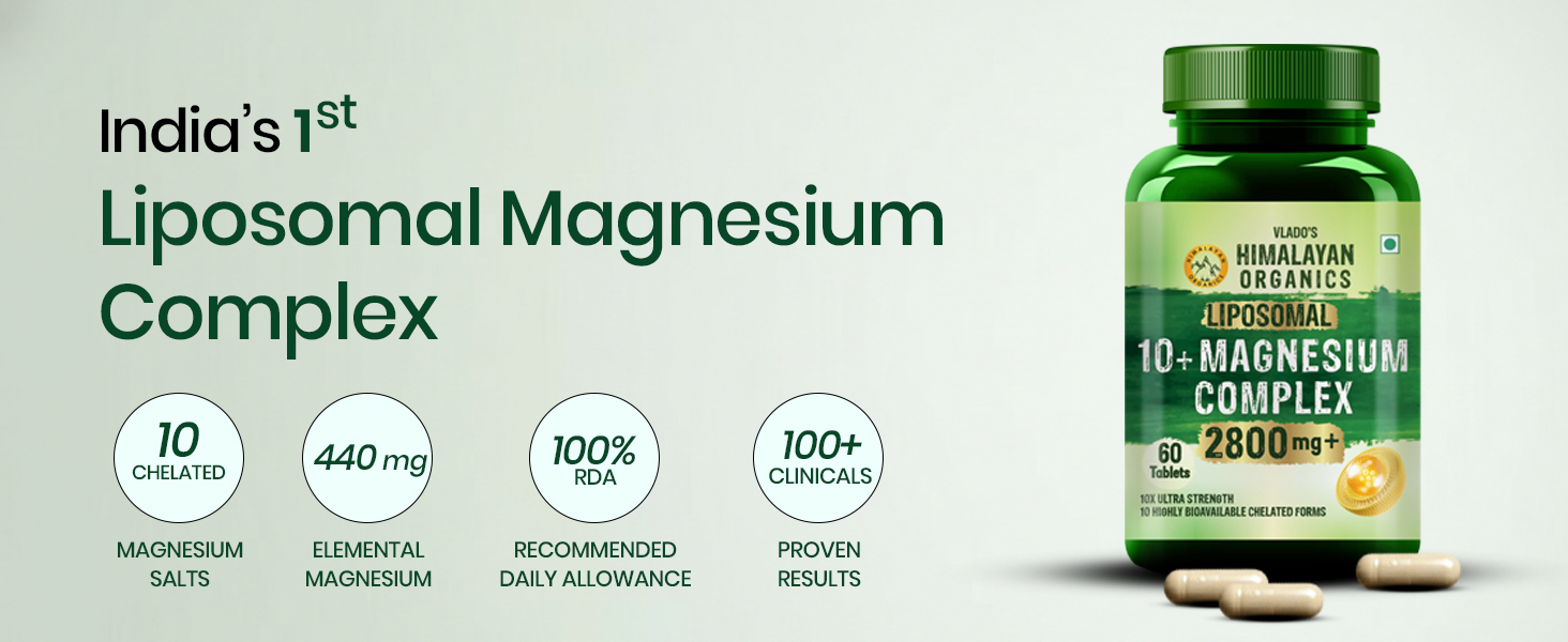 Vlado's himalayan Organics Magnesium Supplement 2800mg with 10 Chelated Salts Liposomal magnesium citrate , Oxide, Threonate, Aspartate, Chloride, Sulphate, Carbonate, Gluconate + 2 more with VItamin D3 & B12 I For Sleep, Muscle Recovery, Mood, Metabolism, Brain, Bone, Gut Health I 10X Strength mangesium complex - 60 Veg tablets