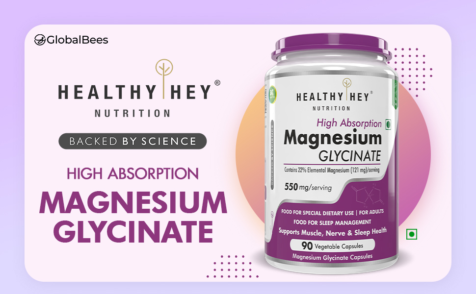 HealthyHey Nutrition High Absorption Magnesium Glycinate, 550mg - 90 Vegetable Capsules - Pack of 2