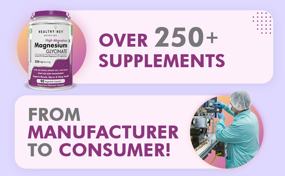HealthyHey Nutrition High Absorption Magnesium Glycinate, 550mg - 90 Vegetable Capsules - Pack of 2