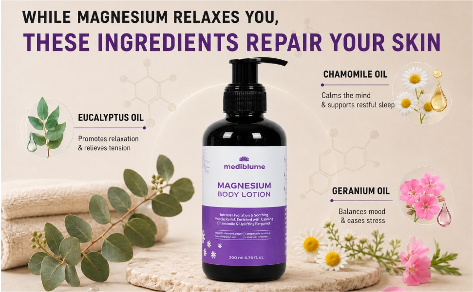 Magnesium Body Lotion for Muscle & Joint Comfort | Supports Post-Workout Recovery & Night Relaxation | For Tired Muscles & Occasional Cramps | Fast Absorbing | With Chamomile, Lavender, Almond Oil, Vitamin E & Aloe Vera | 200ml